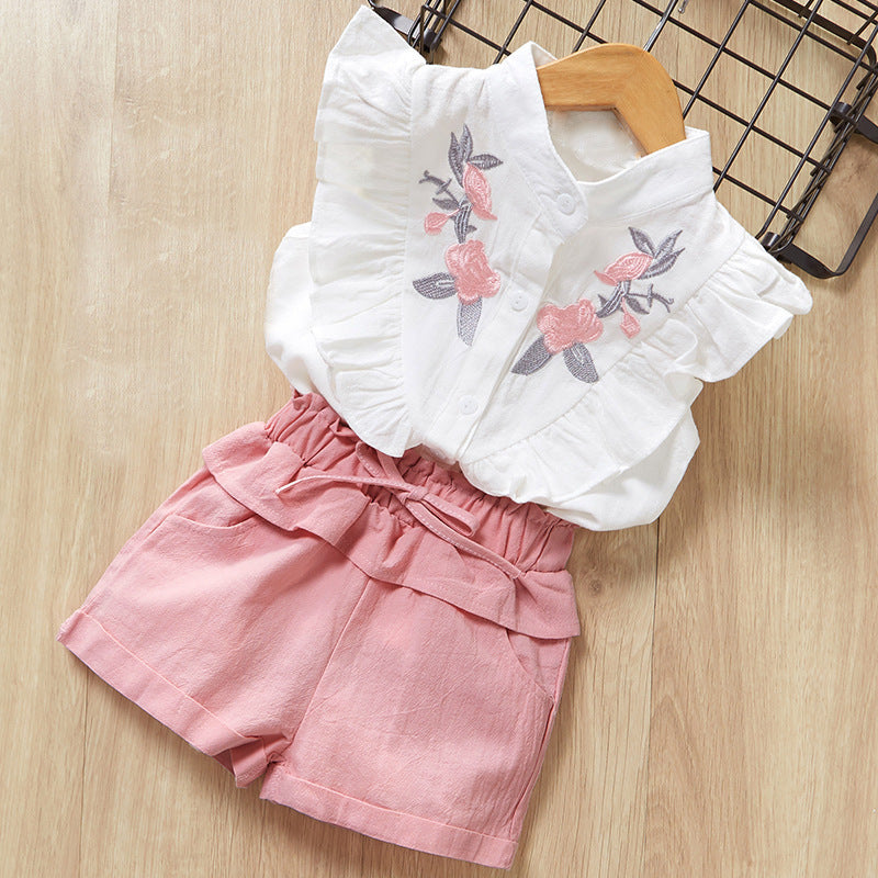 Delicate Rose Embroidered Top and Shorts Set