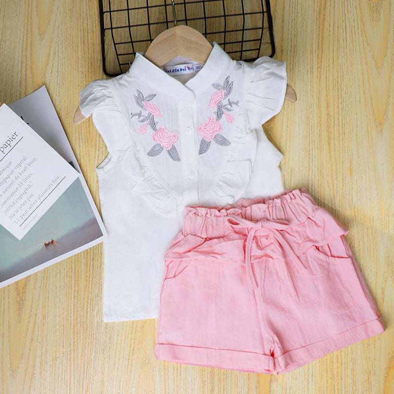 Delicate Rose Embroidered Top and Shorts Set