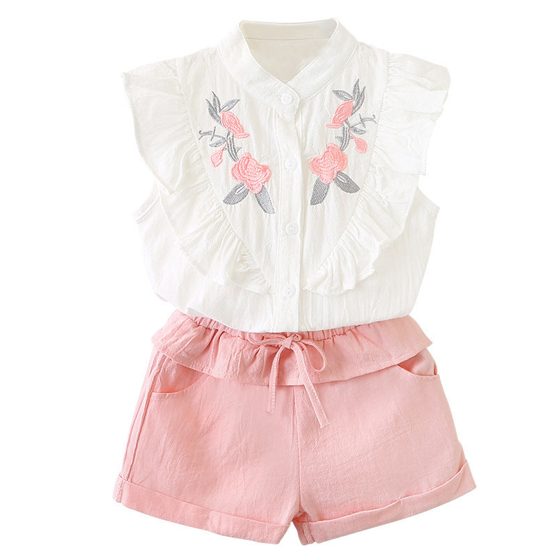 Delicate Rose Embroidered Top and Shorts Set