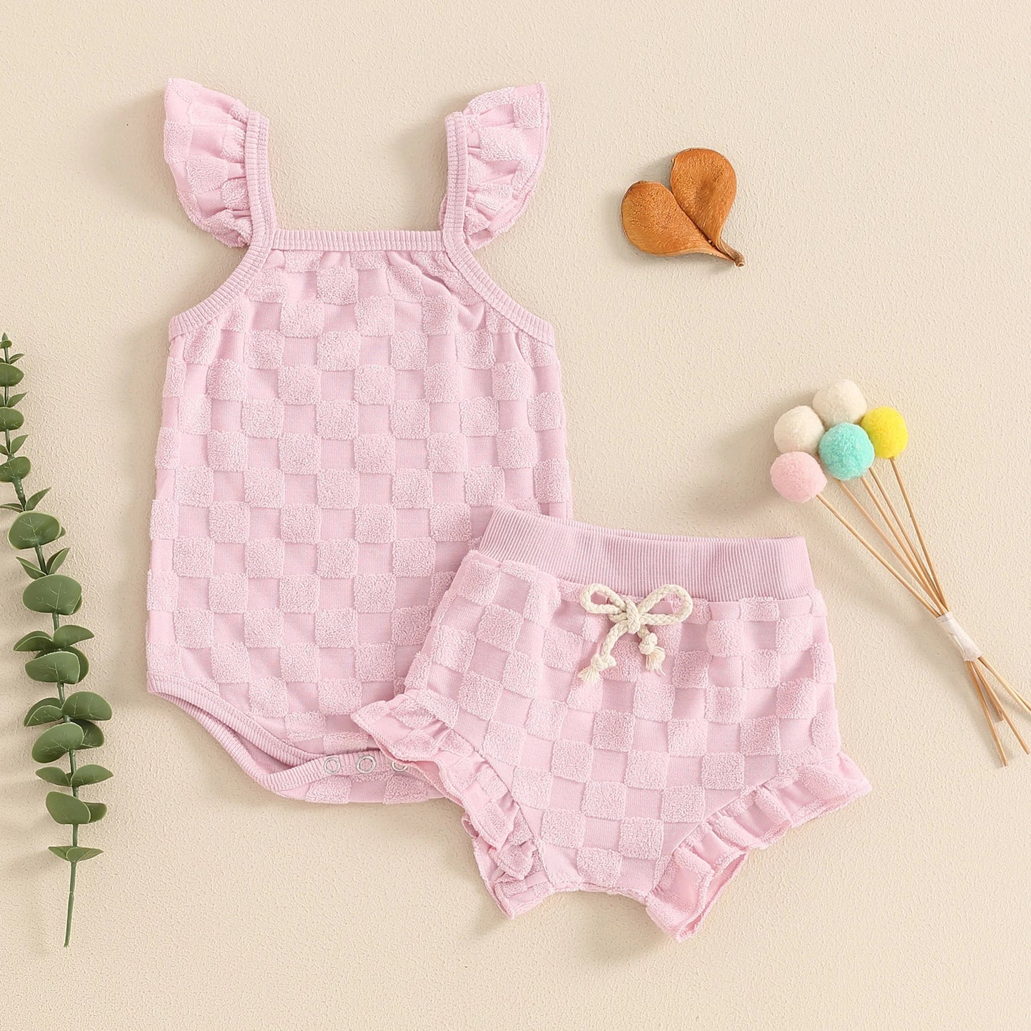 Pink Chequered Summer Romper & Shorts Set